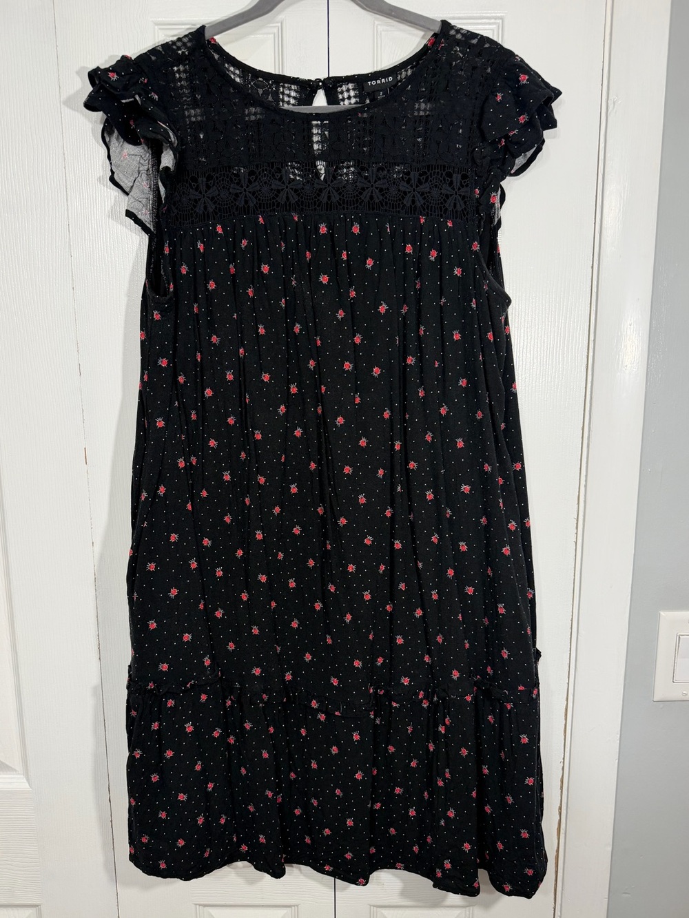 Torrid Lady Bug Lace Yoke Midi Dress Size 2 Black Red